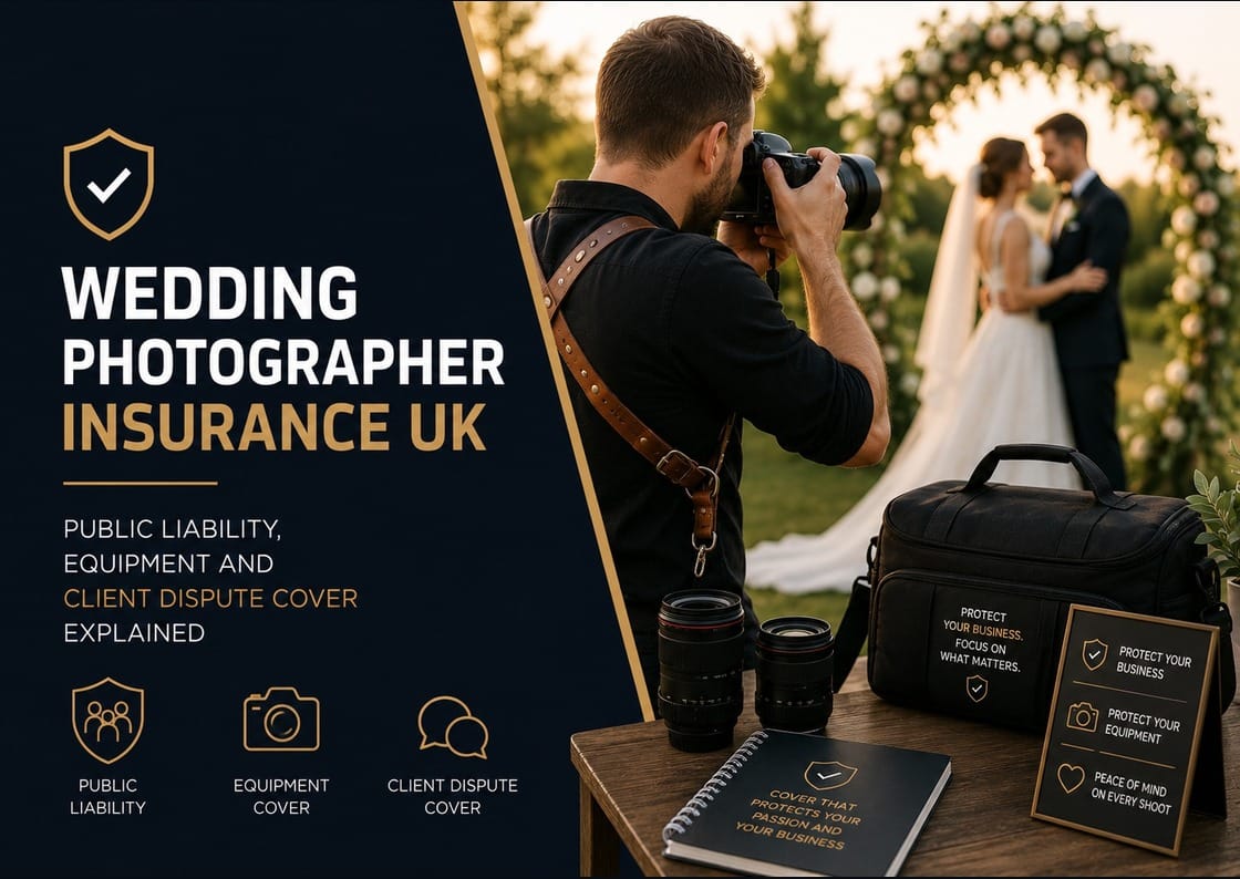 Wedding photographer insurance UK featured image for liability and kit cover guide