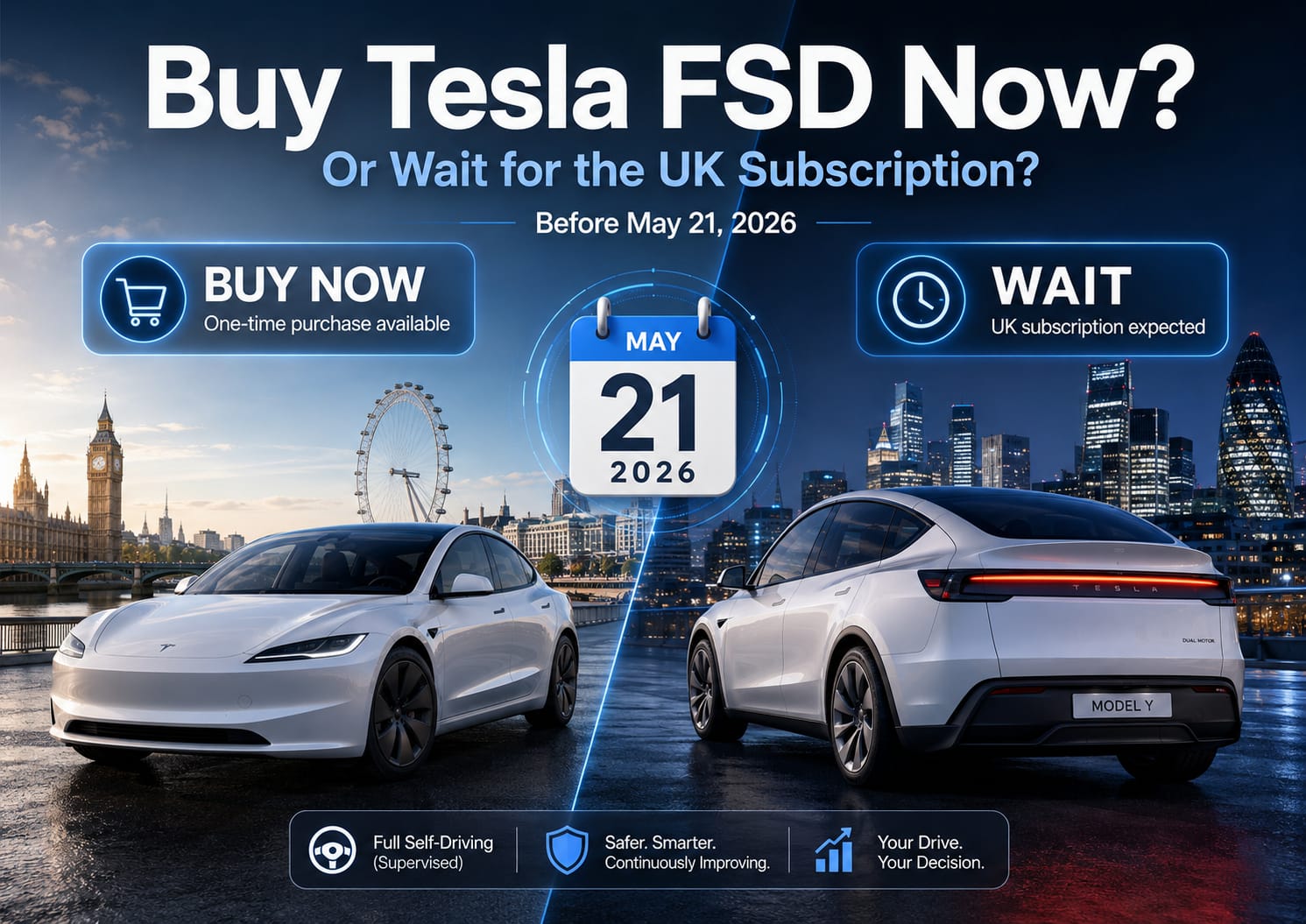 Buy Tesla FSD now or wait for the UK subscription featured image with Model 3, Model Y and May 21 2026 deadline