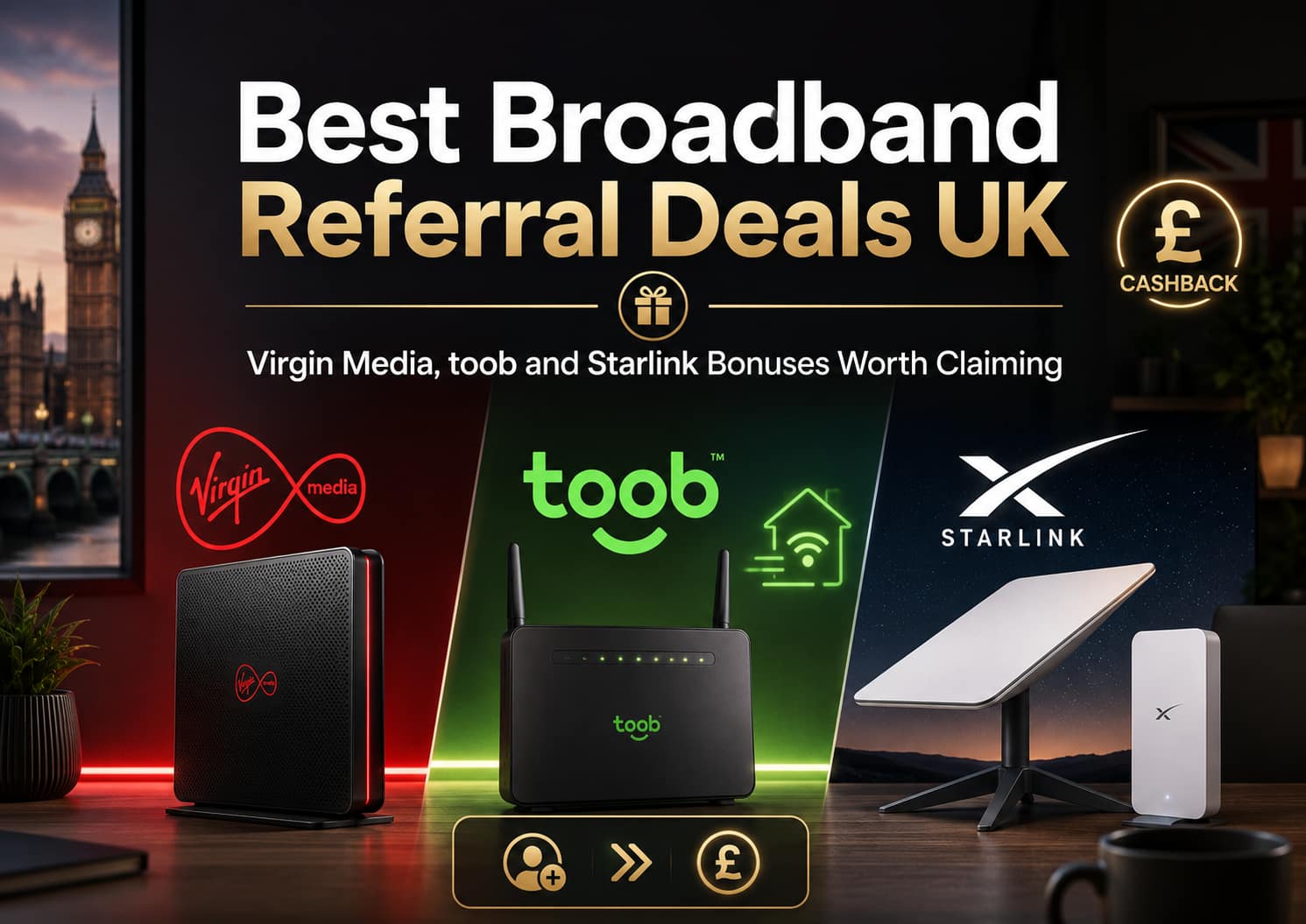 Best broadband referral deals UK 2026 showing Virgin Media £50 referral toob full fibre and Starlink satellite referral bonuses