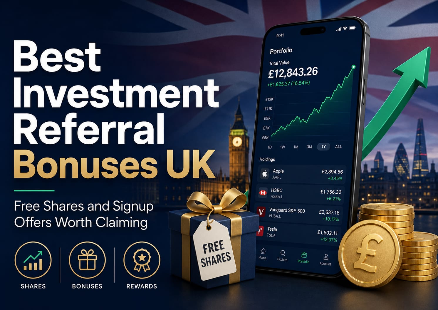 Best investment referral bonuses UK 2026 showing Trading 212 free share Raisin £100 Plum and Moneybox referral offers