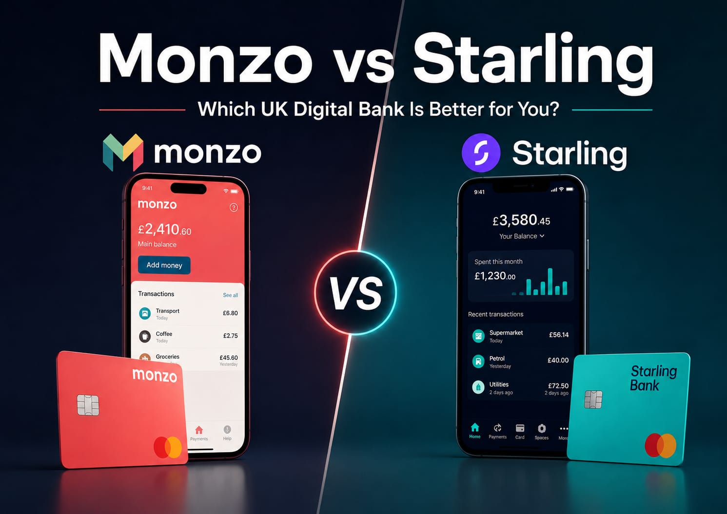 Monzo vs Starling 2026 comparison chart showing which UK digital bank is better for you on features, fees and banking