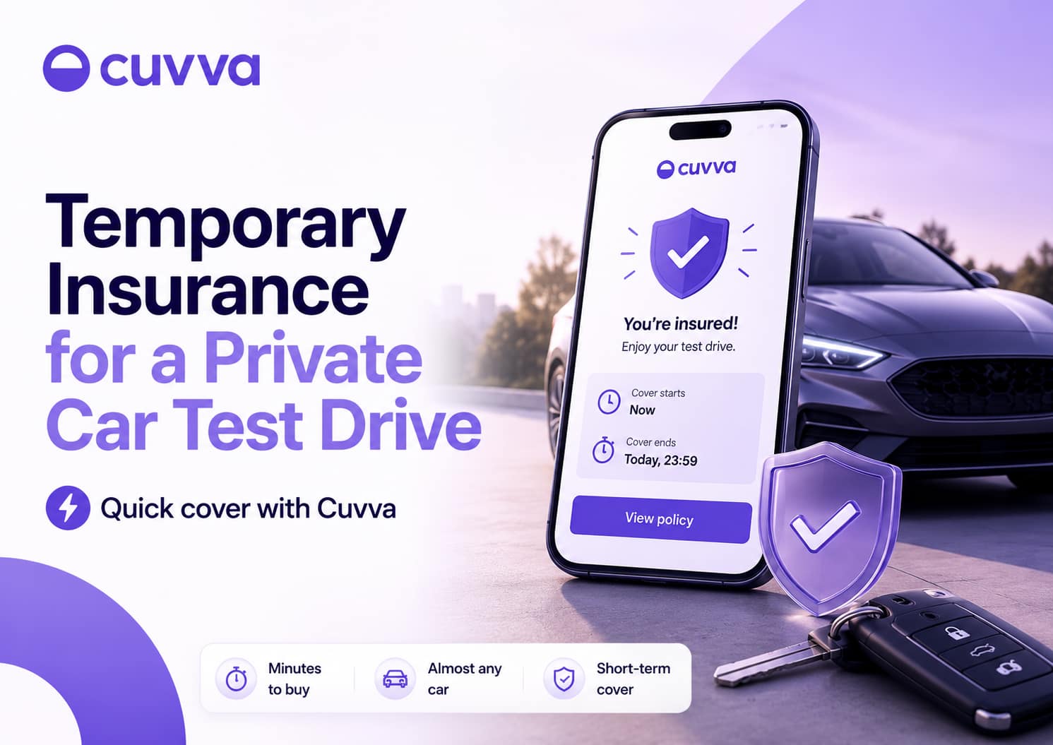 Cuvva temporary insurance app beside a private-sale car ready for a test drive