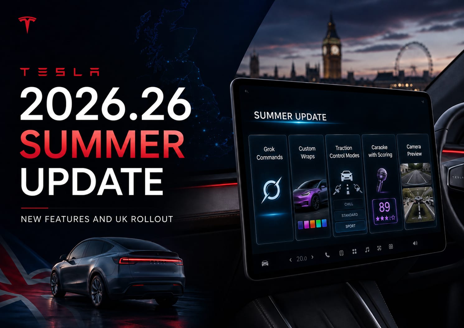 Tesla 2026.26 Summer Update features shown on an in-car touchscreen in the UK