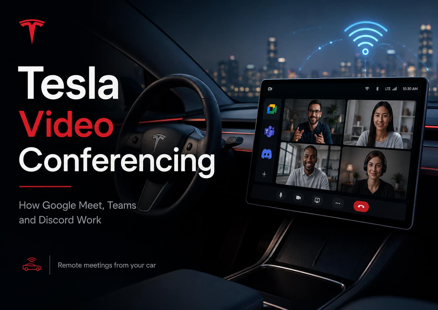 Tesla touchscreen showing a video conference using Google Meet, Microsoft Teams and Discord