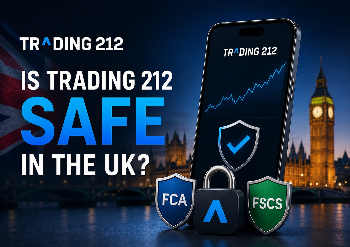 Is Trading 212 Safe in the UK featured image showing Trading 212 app with FCA and FSCS shields