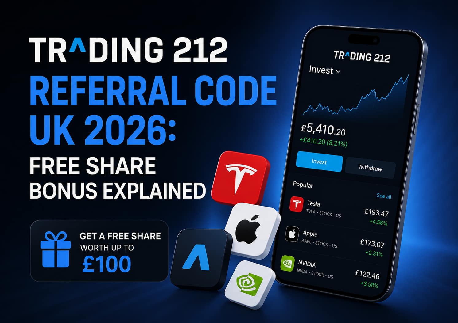 Trading 212 Referral Code UK 2026 featured image showing app screen and free share bonus theme