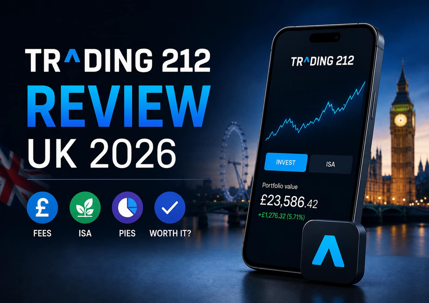Trading 212 Review UK 2026 featured image showing app screen, fees, ISA and Pies